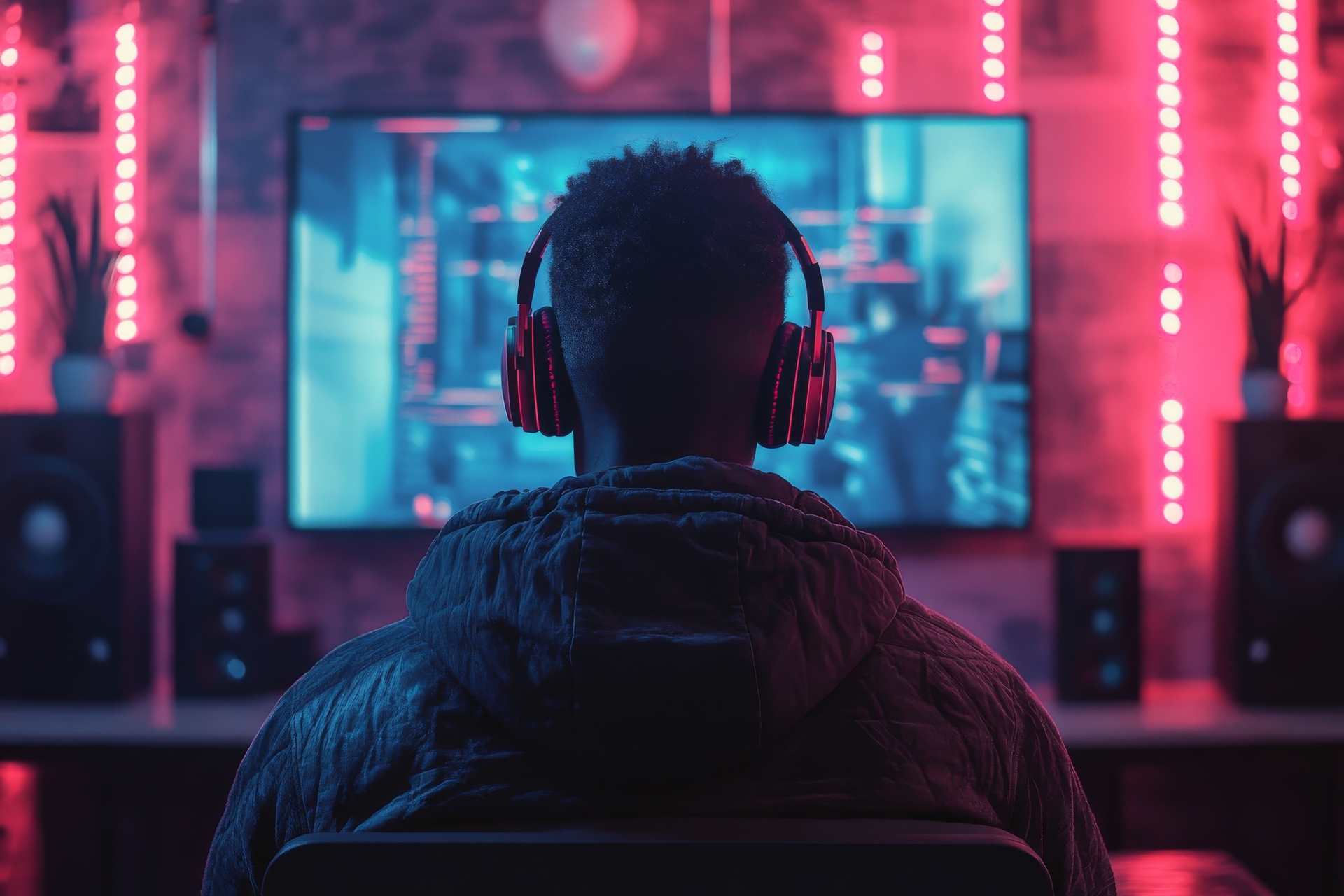 A person enjoys music with headphones on, surrounded by colorful lights and numerous screens displaying visuals, creating an immersive atmosphere in a recording studio.